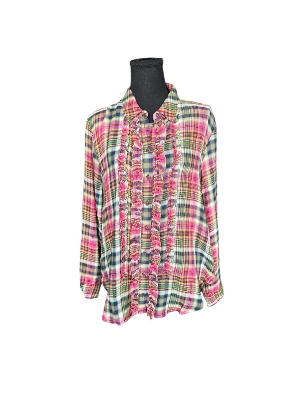 Pilcro Pink Plaid Ruffle-Front Button-Down Shirt